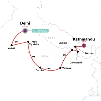 tourhub | G Adventures | Delhi to Kathmandu Adventure | Tour Map