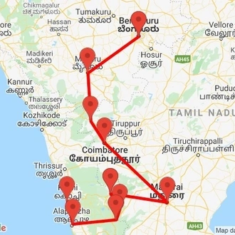 tourhub | Agora Voyages | Cochin to Bangalore Backwater, Tea Estate, Temple & Palaces, | Tour Map