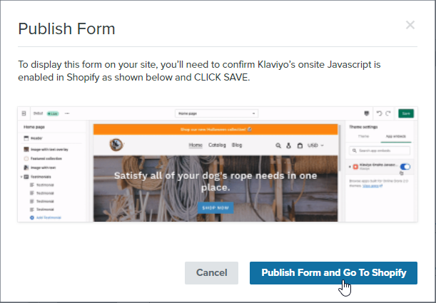 How to publish pop-up in Klaviyo