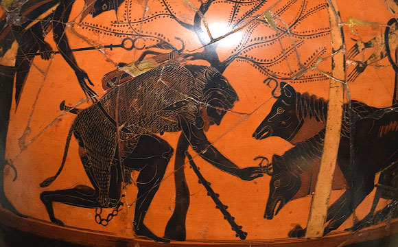 Thésée et Cerbère selon la mythologie grecque.