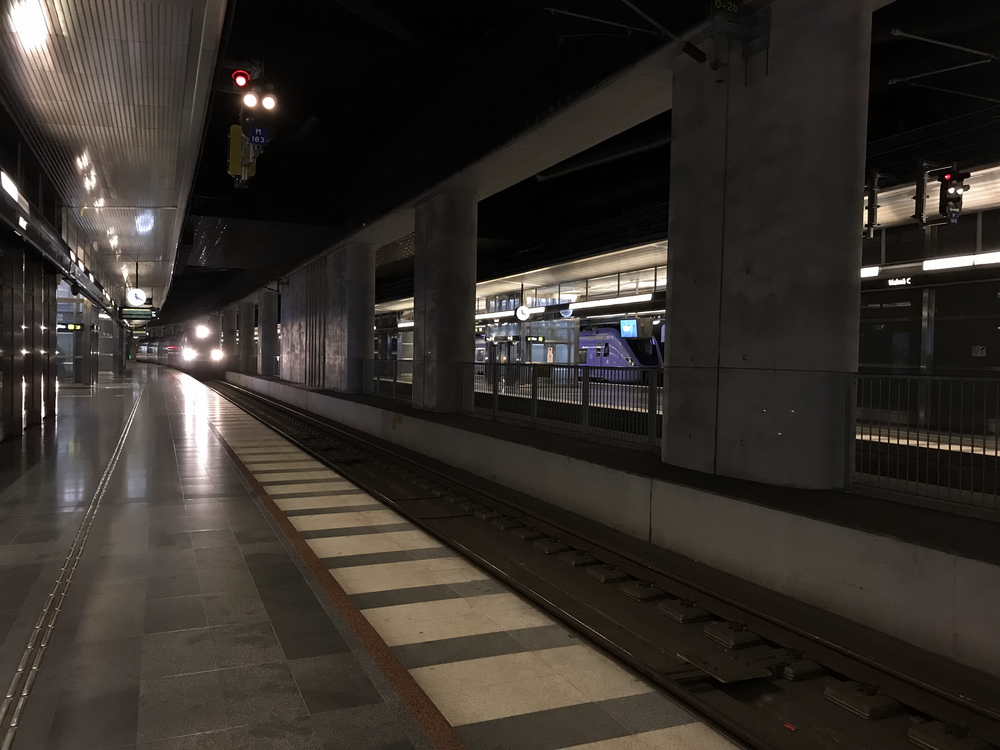 Foto: ett tåg kör in vid perrongen på Malmö C.