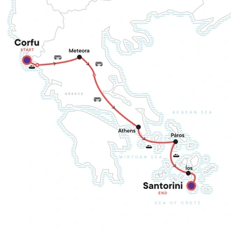 tourhub | G Adventures | Corfu to Santorini: Beach Days & Jaw-Dropping Views | Tour Map