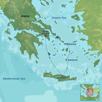 tourhub | Indus Travels | Wonders Of Athens Mykonos Santorini and Crete | Tour Map