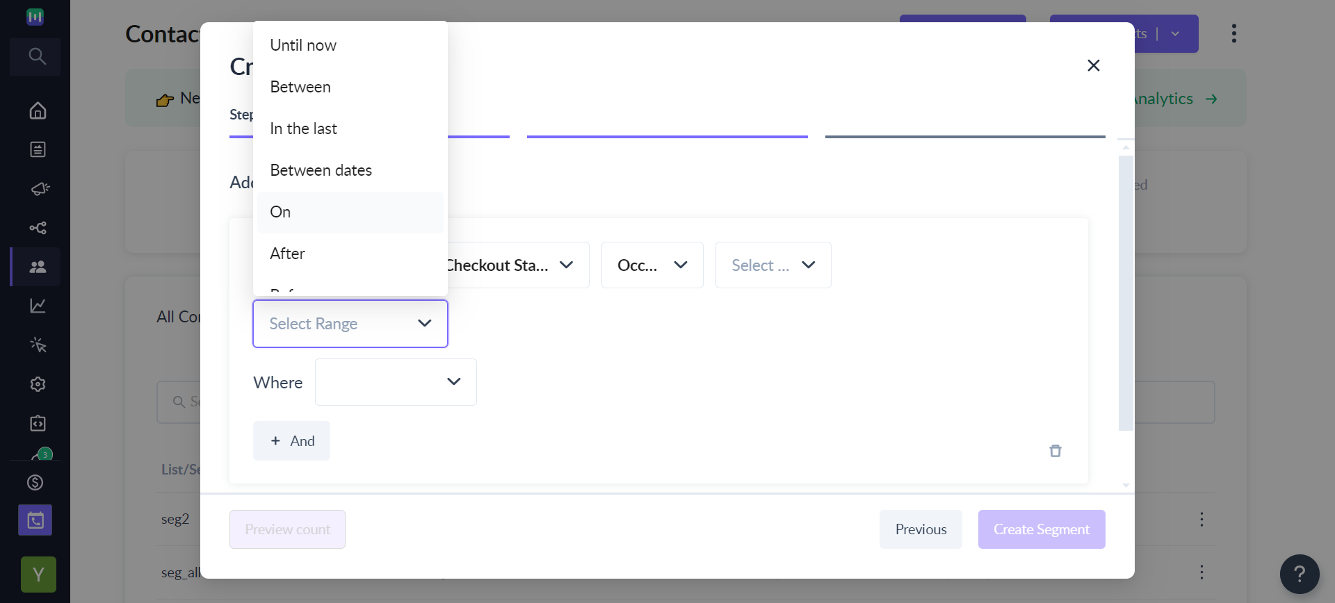 What are the filters available for segmentation using custom events?