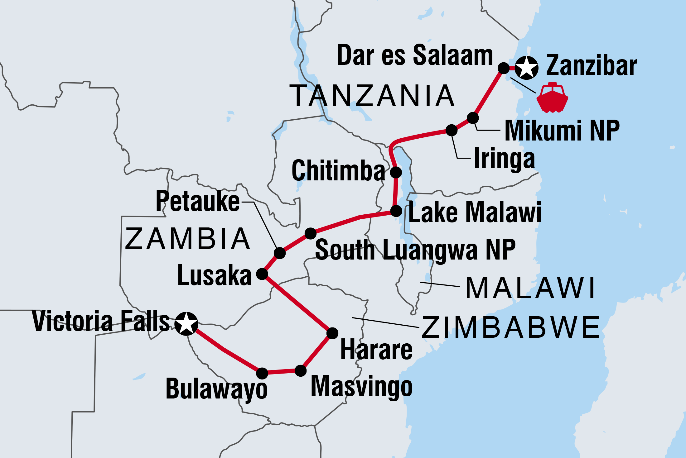 tourhub | Intrepid Travel | Vic Falls to Zanzibar | Tour Map