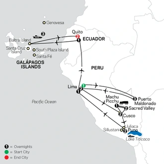tourhub | Cosmos | Mysteries of the Inca Empire with Peru's Amazon & Galapagos Cruise | Tour Map