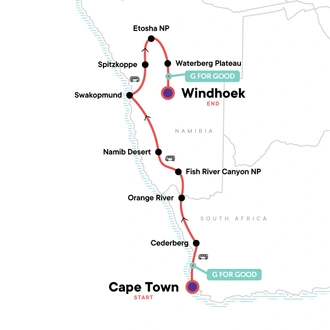 tourhub | G Adventures | Cape Town to Namibia Overland Safari | Tour Map