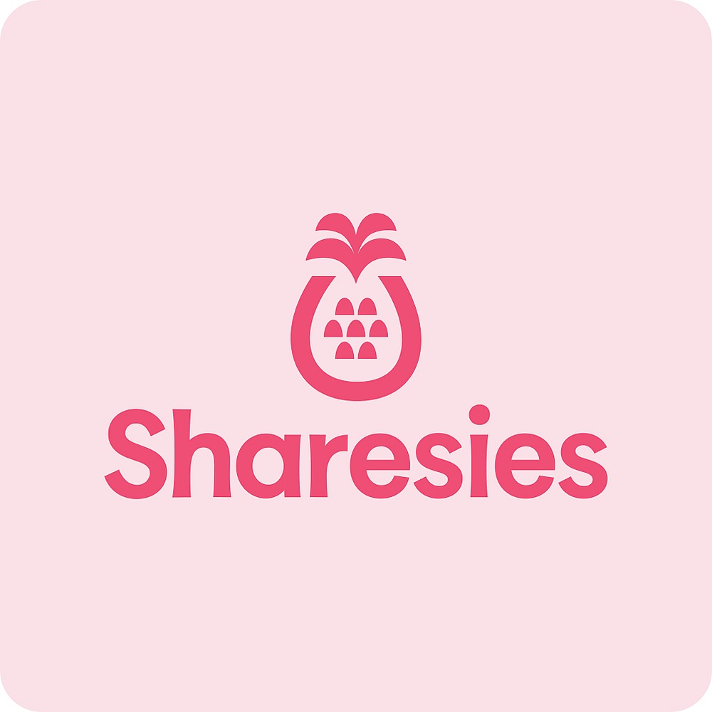 Image of Sharesies logo, pink with a pink pineapple