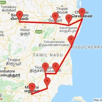 tourhub | Agora Voyages | Bangalore to Madurai South India Temple Trail | Tour Map