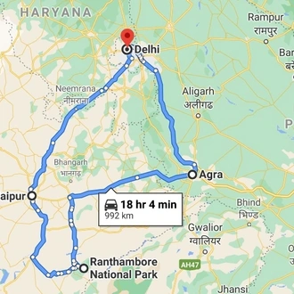 tourhub | GeTS Holidays | GOLDEN TRIANGLE WITH TIGER SAFARI AT RANTHAMBORE | Tour Map