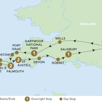 tourhub | Back-Roads Touring | Corners of Cornwall 2024 | Tour Map