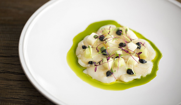 Hand-dived scallops, Granny Smith and squid ink mayonnaise