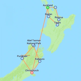 tourhub | On The Go Tours | Budget Auckland, Abel Tasman & Christchurch - 14 days | Tour Map