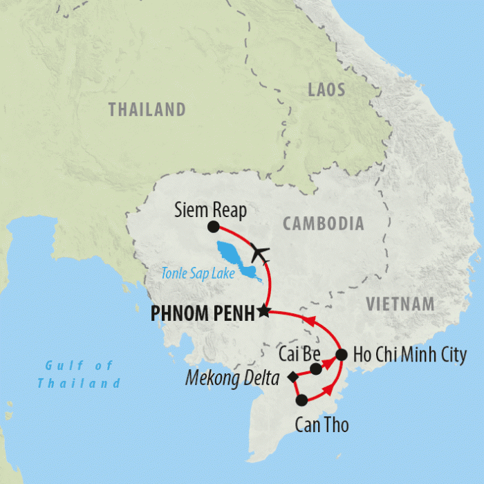 tourhub | On The Go Tours | Saigon to Siem Reap (Partially Guided) - 9 days | Tour Map