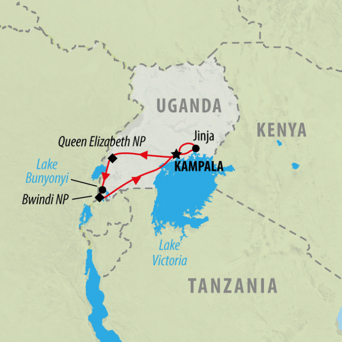 tourhub | On The Go Tours | Gorillas, Chimps & Nile River - 9 days | Tour Map