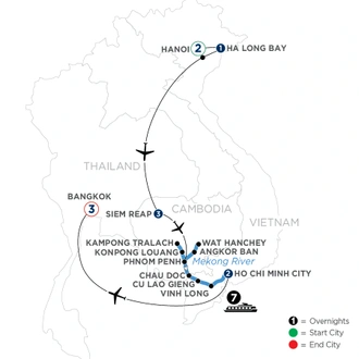 tourhub | Avalon Waterways | Fascinating Vietnam, Cambodia & the Mekong River with Hanoi, Ha Long Bay & Bangkok (Southbound) (Saigon) | Tour Map