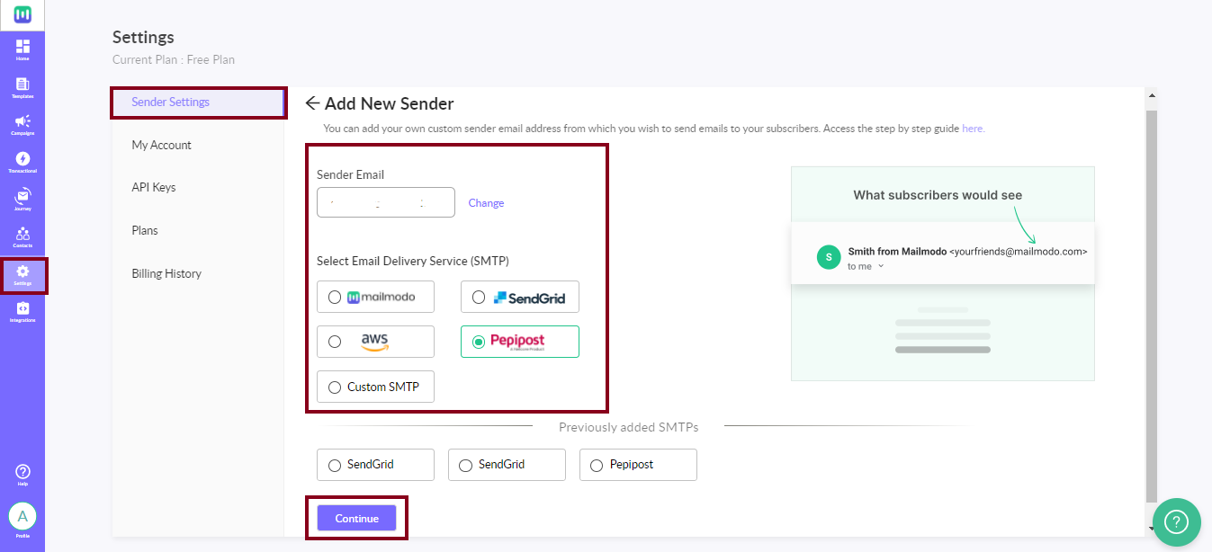 Setting up Mailmodo with Pepipost SMTP