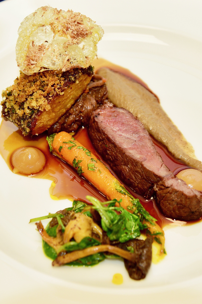 60-day, dry-aged Doom Bar-braised Jacobâ&#128;&#153;s Ladder, beef dripping potato, mushroom purée, Chanterelles and watercress, baby carrot, pickled onion ketchup, beef tendon crisp, beef and ale sauce