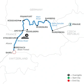 tourhub | Avalon Waterways | Christmastime from Nuremberg to Basel with 2 Nights in Prague (Imagery II) | Tour Map