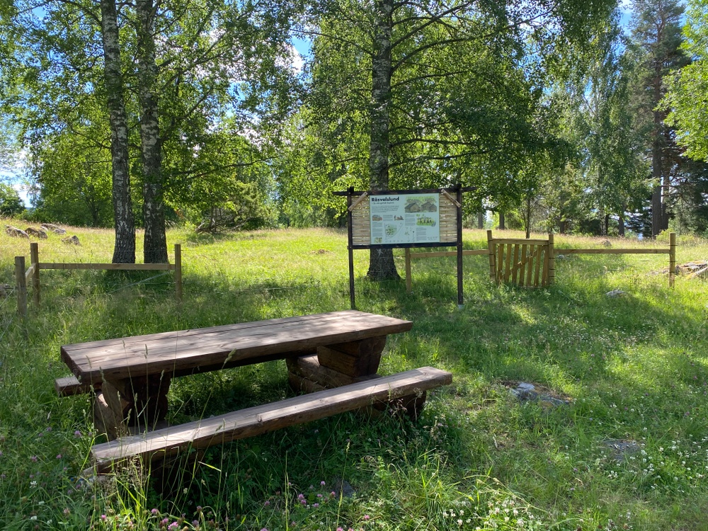 Rastplatsen i Råsvalslund. Bord och informationstavla.