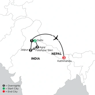 tourhub | Globus | Independent India & Nepal: The Golden Triangle and Kathmandu | Tour Map