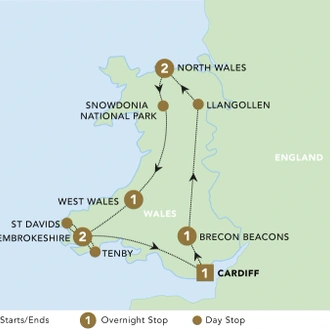 tourhub | Blue-Roads Touring | The Wonders of Wales 2025 | Tour Map