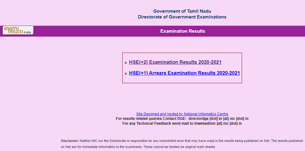 Official Website of Tamil Nadu Results