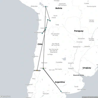 tourhub | Unu Raymi Tour Operator & Lodges | Adventure: Atacama Desert, Salar de Uyuni & Mendoza Vineyards | Tour Map