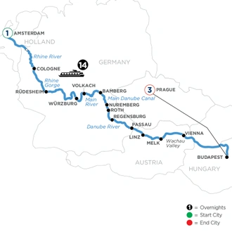 tourhub | Avalon Waterways | Magnificent Europe with 1 Night in Amsterdam & 3 Nights in Prague (Envision) | Tour Map