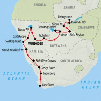 tourhub | On The Go Tours | Cape, Delta & Falls (Accommodated) - 19 days | Tour Map