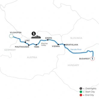 tourhub | Avalon Waterways | Danube Symphony with 1 Night in Budapest (Eastbound) (Expression) | Tour Map