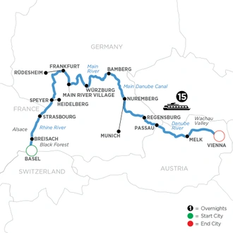 tourhub | Avalon Waterways | Christmastime from Basel to Vienna (Envision) | Tour Map