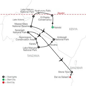 tourhub | Globus | Kenya & Tanzania: The Safari Experience with Zanzibar | Tour Map