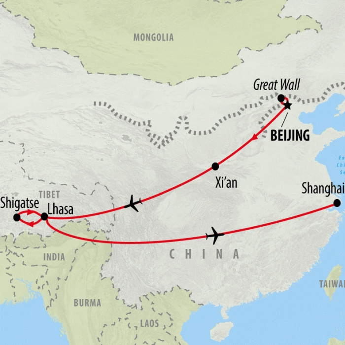 tourhub | On The Go Tours | Beijing, Xi’an, Lhasa & Shanghai 4-5 star - 13 days  | Tour Map