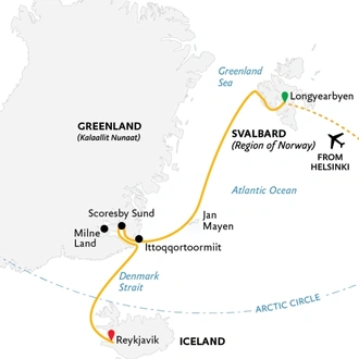 tourhub | Quark Expeditions | Four Arctic Islands: Spitsbergen, Jan Mayen, Greenland and Iceland | Tour Map