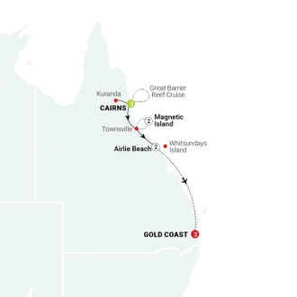 tourhub | AAT Kings | Tropical Queensland: Cairns to the Gold Coast | Tour Map