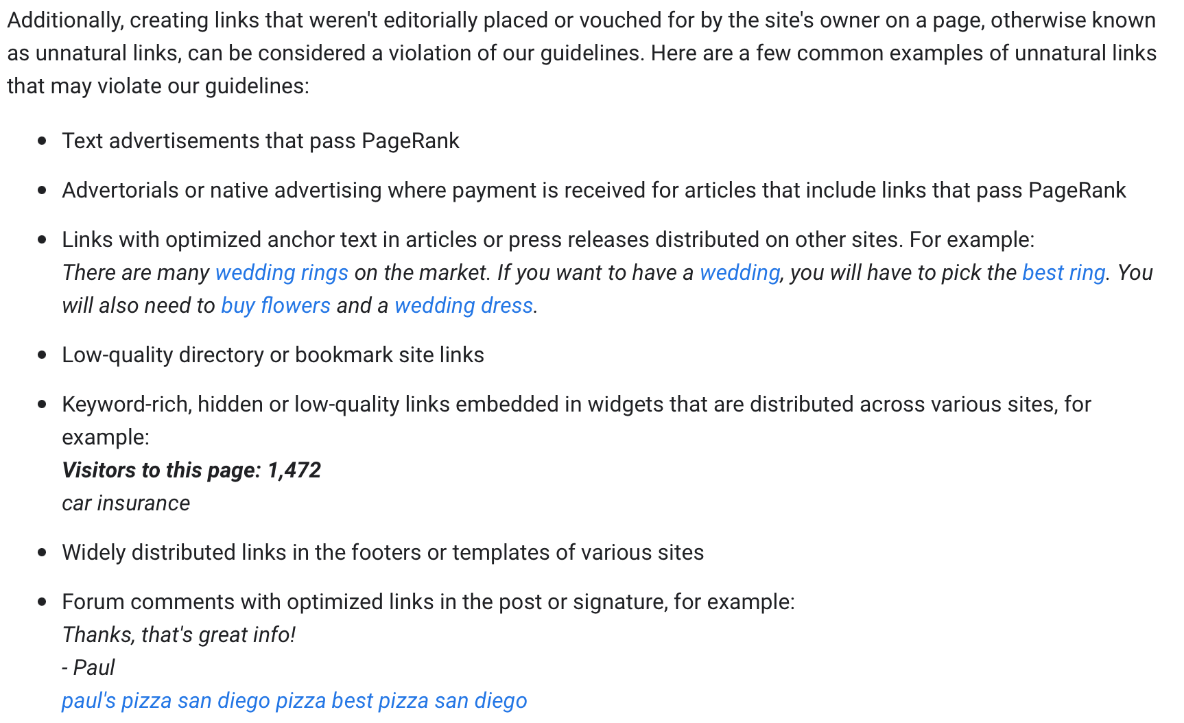 google webmaster guidelines on the characteristics of low quality links