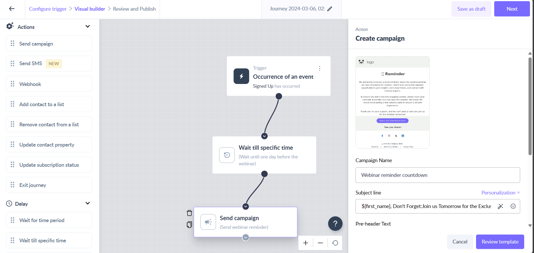 Create upcoming event reminders flow using journeys