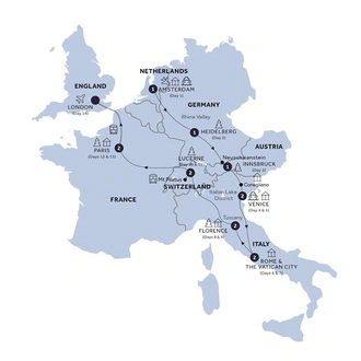 tourhub | Insight Vacations | Highlights of Europe - Start Amsterdam, Return Eurostar, Classic Group, Winter | Tour Map