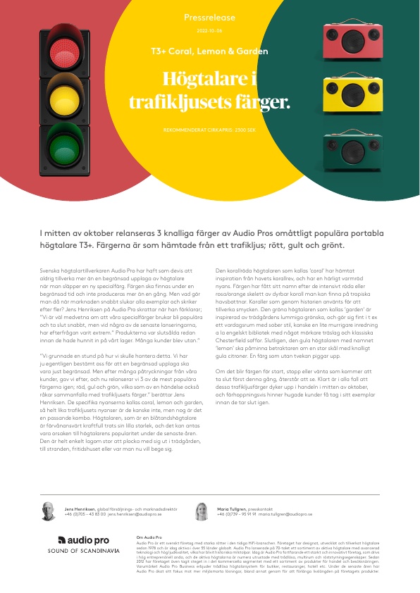 Pressrelease Svensk Audio Pro T3+ Traffic light colours