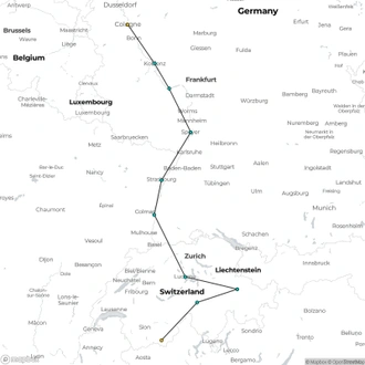 tourhub | Riviera Travel | Rhine Cruise to Switzerland with Glacier Express Extension - MS Geoffrey Chaucer | Tour Map