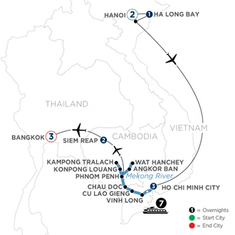 tourhub | Avalon Waterways | Fascinating Vietnam, Cambodia & the Mekong River with Hanoi, Ha Long Bay & Bangkok (Northbound) (Saigon) | Tour Map