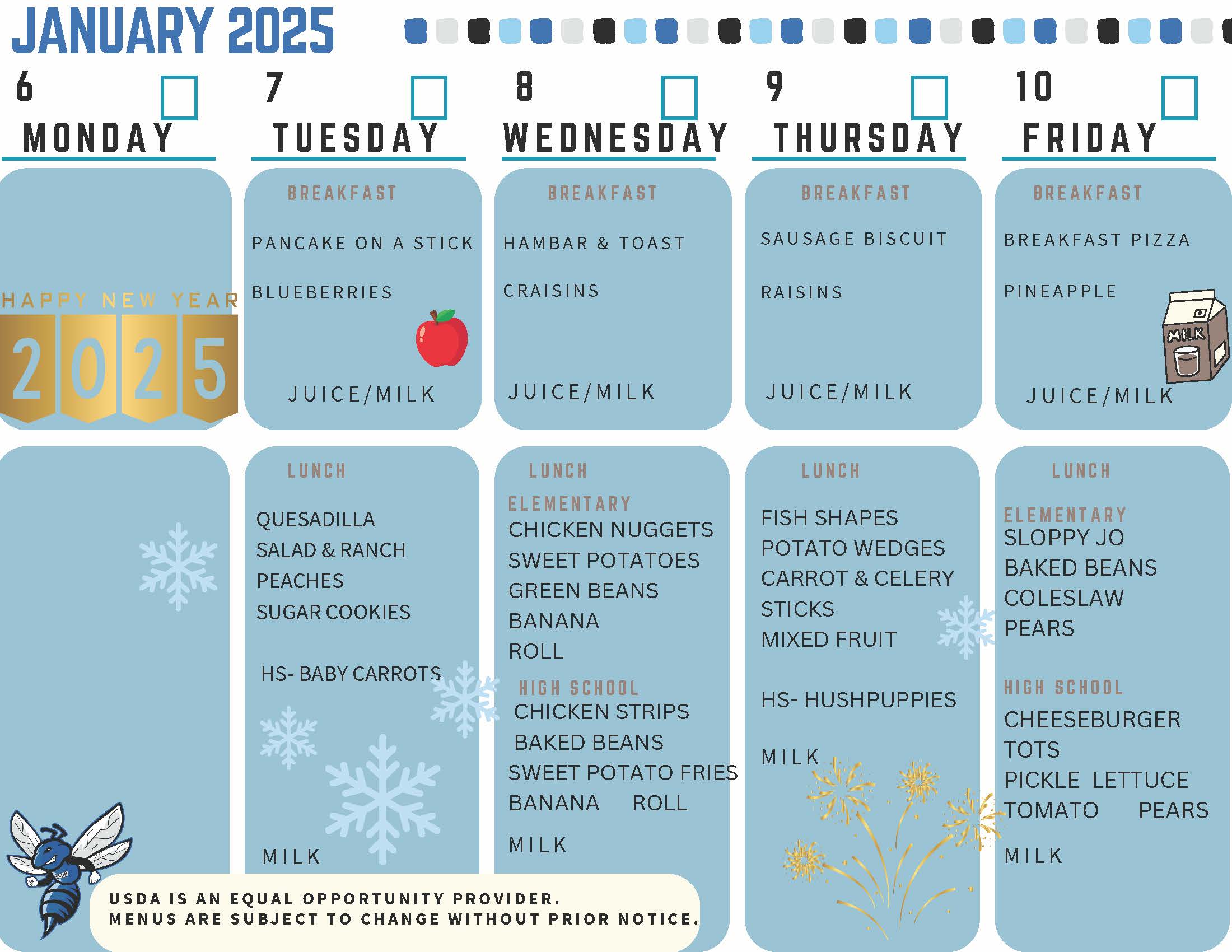 weekly lunch menu on blue background with snowflakes