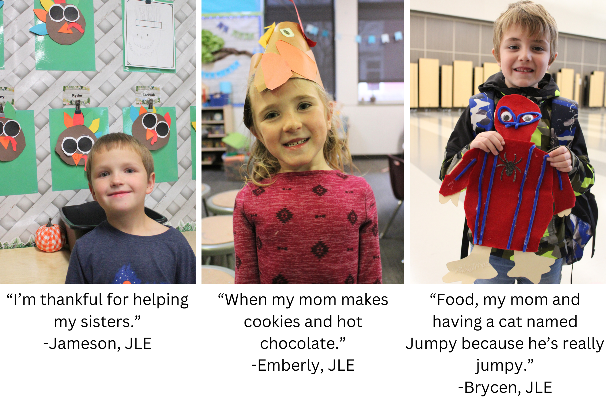 James Lintott students pose with Thanksgiving artwork and say what they are thankful for this year.