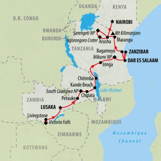 tourhub | On The Go Tours | Zambia to Nairobi (Accommodated) - 21 days | Tour Map