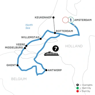 tourhub | Avalon Waterways | Tulip Time Cruise with 1 Night in Amsterdam (Passion) | Tour Map