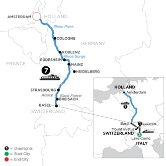 tourhub | Avalon Waterways | Romantic Rhine with 3 Nights in Lake Como & 1 Night in Lucerne & Mount Pilatus (Northbound) (Vista) | Tour Map
