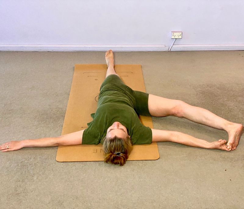 Reclining Side Stretch Pose in hemp clothing online
