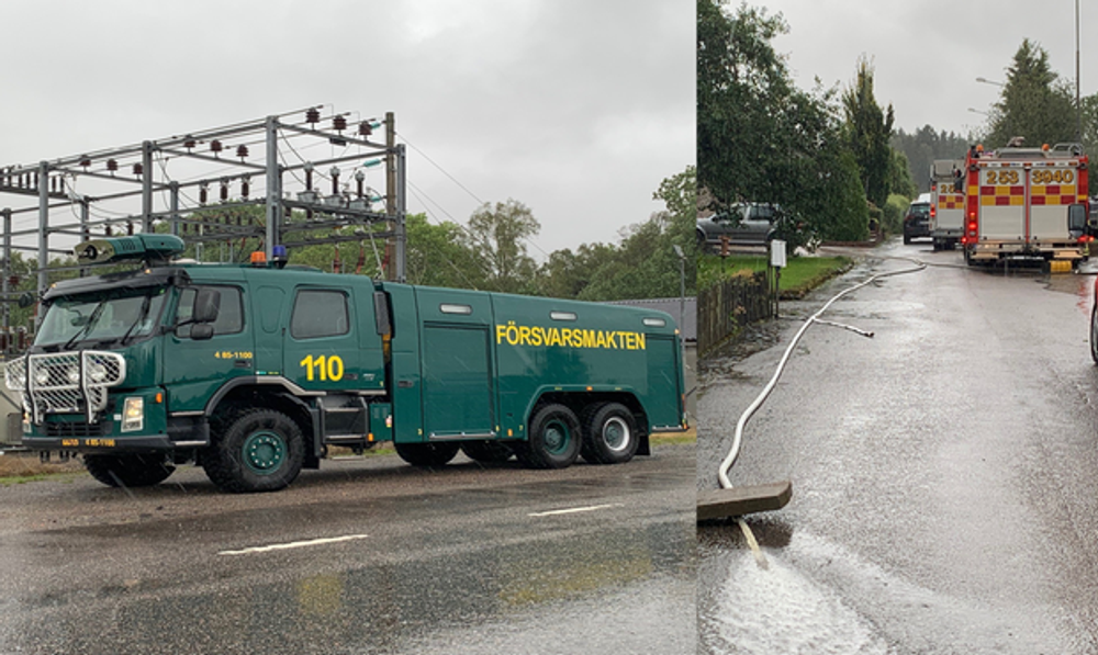 Foto från översvämningen 2021 med bilar från räddningstjänsten och försvarsmakten som pumpar vatten. 