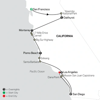 tourhub | Cosmos | Coastal California & Yosemite | Tour Map